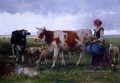 Paysanne avec vaches et moutons Vie rurale réalisme Julien Dupre